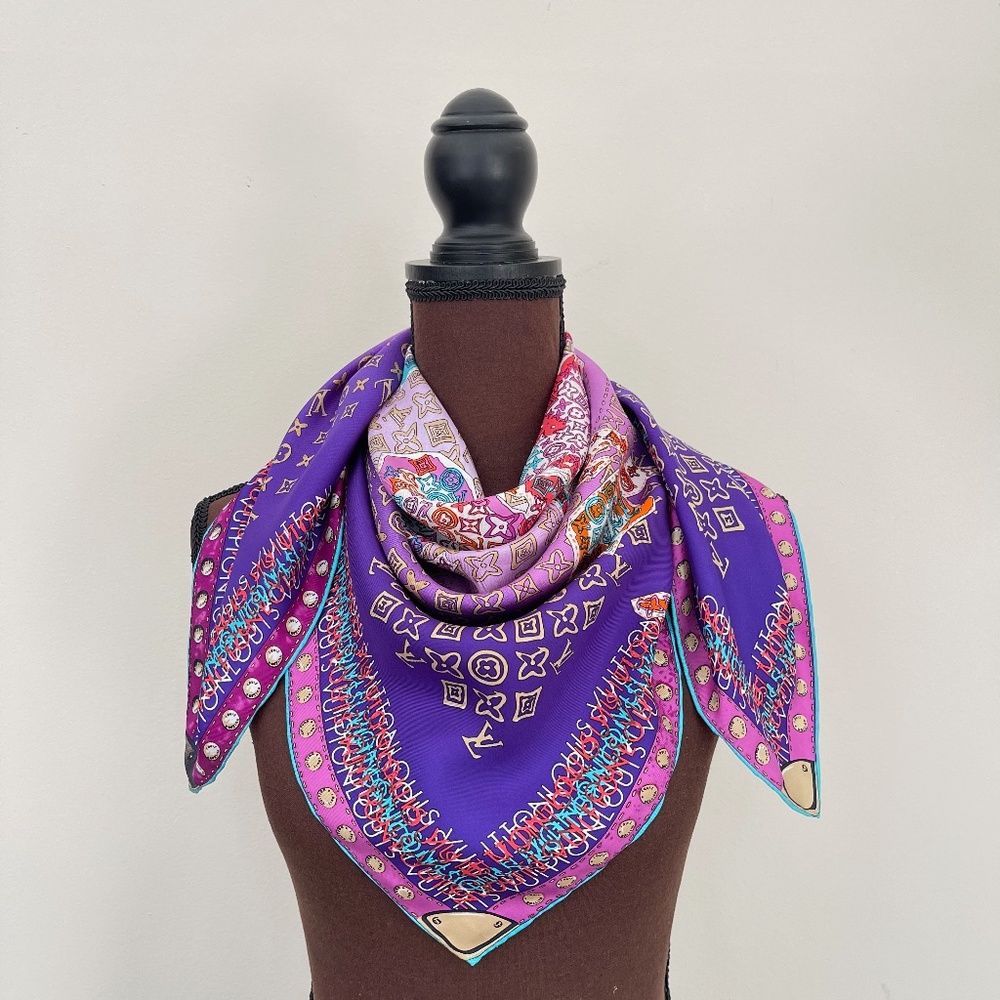 Display # 1 Louis Vuitton Monogram Map Square Purple Silk Scarf - Picture 13 of 16